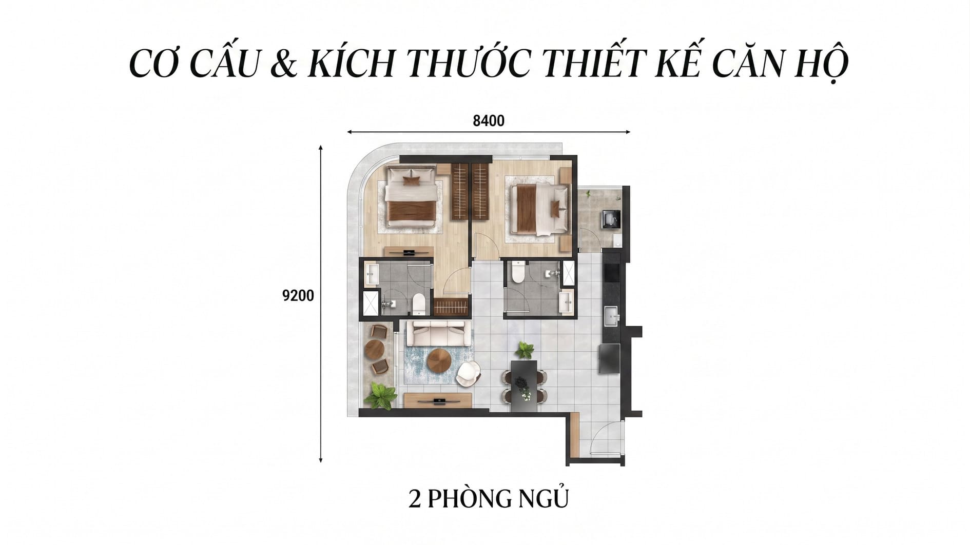 Thiết kế mặt bằng layout căn hộ 2 phòng ngủ The Emerald River Park đẳng cấp